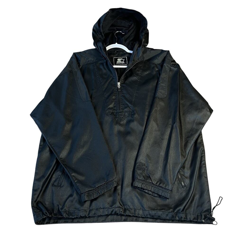 Starter 90s vtg Black Nylon Anorak Parka Hooded Oversized - XL / XXL